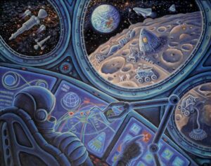 Flight over the Moon space art. NASA oil painting on canvas.