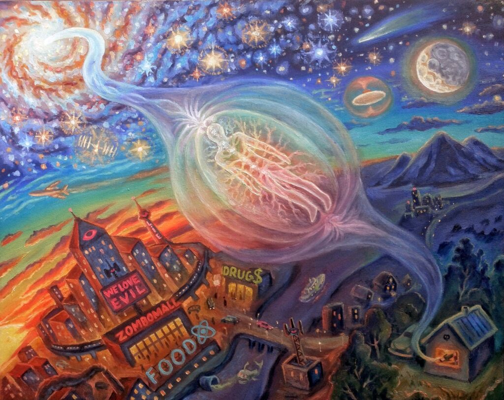 Astral travel to space art. Visionary spiritual oil painting on canvas.